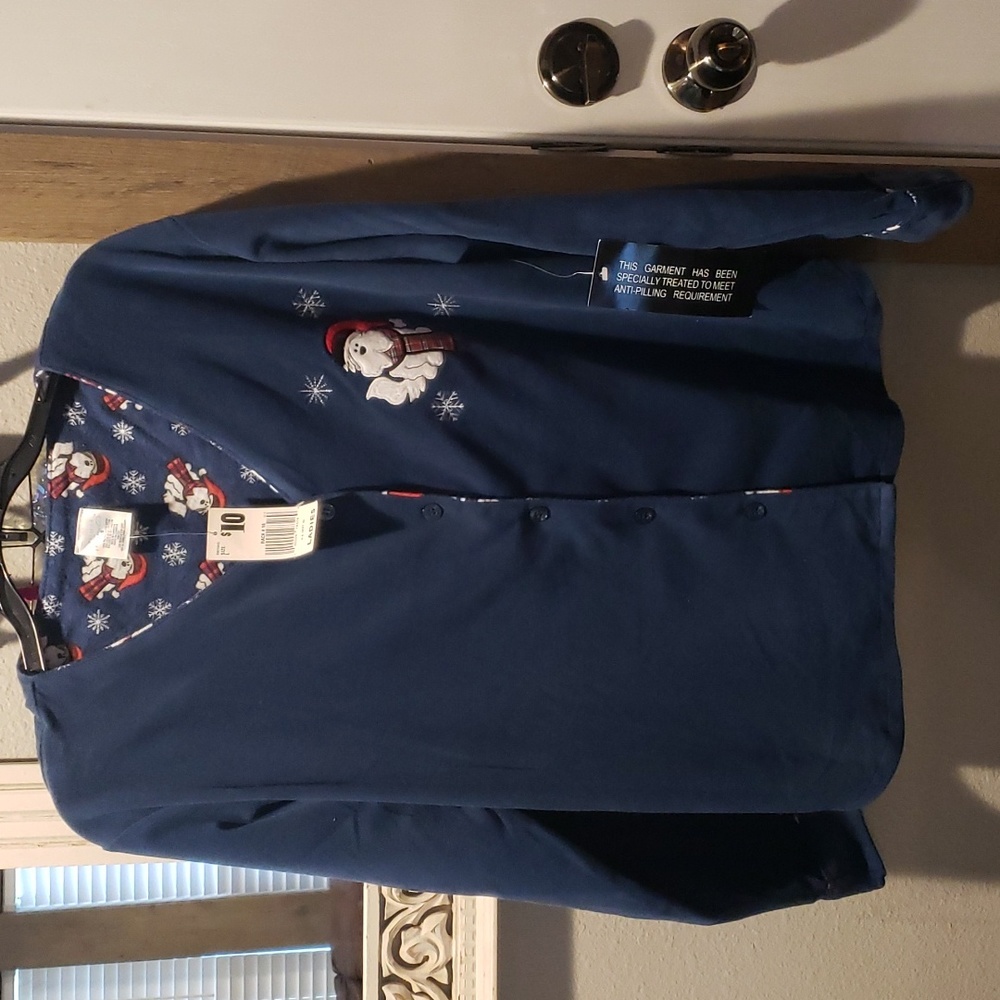 Pajama top. Christmas hat pup and snow flakes on left chest.